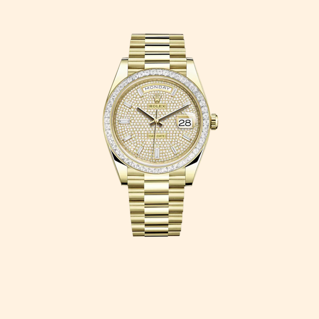 Rolex Day-Date Ref. 228398TBR 40 mm 18k Yellow Gold with Diamond-Paved Dial and Diamond-Set Bezel