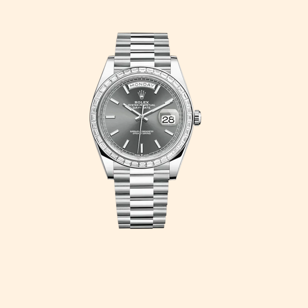 Rolex Day-Date Ref. 228396TBR 40 mm Platinum with Slate Dial and Diamond-Set Bezel