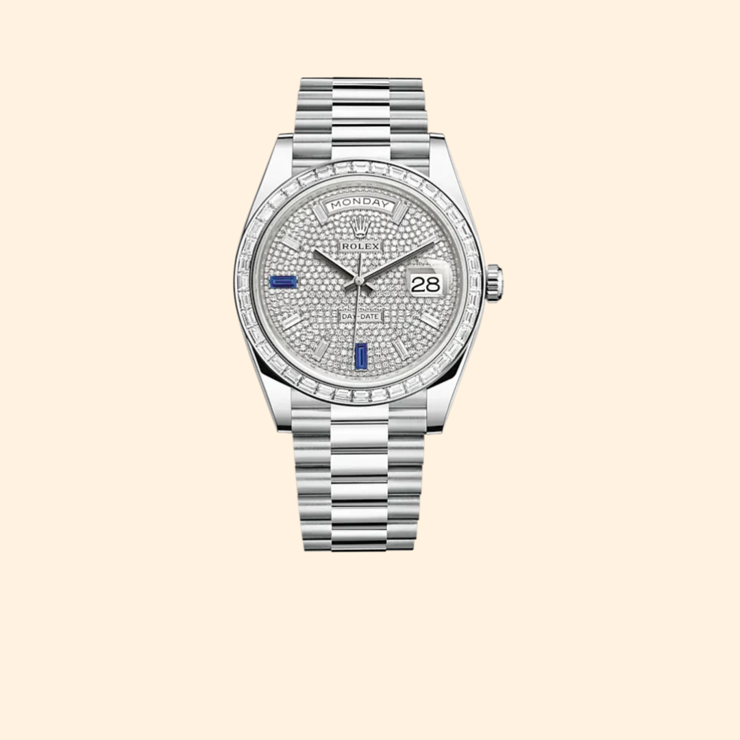 Rolex Day-Date Ref. 228396TBR 40 mm Platinum with Diamond-Paved Dial and Diamond-Set Bezel