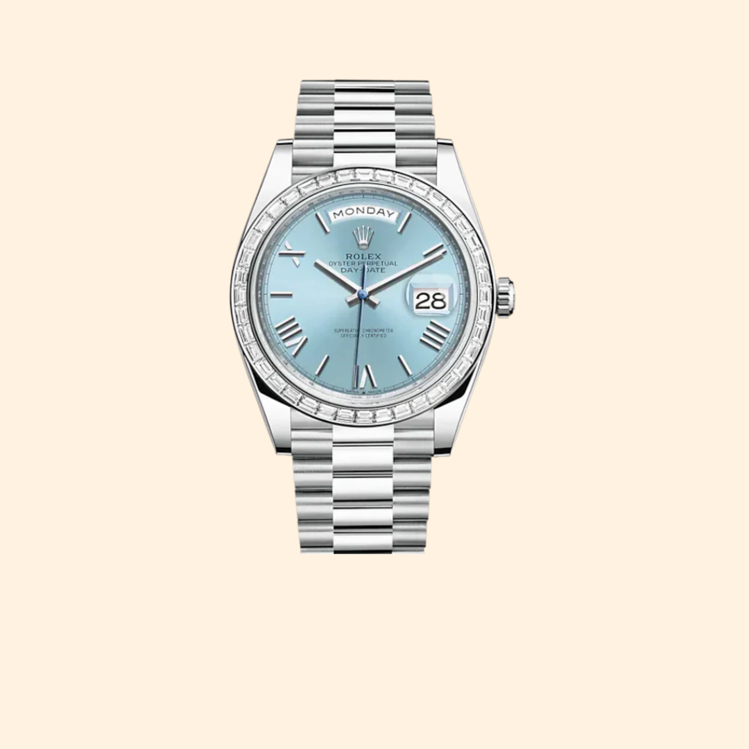Rolex Day-Date Ref. 228396TBR 40 mm Platinum with Ice-Blue Dial and Diamond-Set Bezel