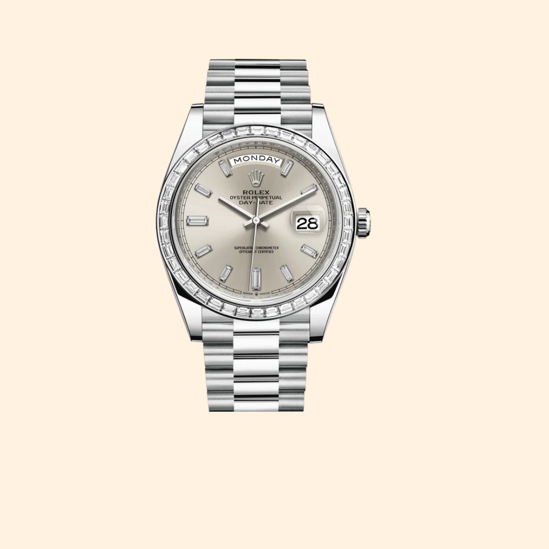 Rolex Day-Date Ref. 228396TBR 40 mm 18k White Gold with Silver Diamond-Set Dial and Diamond-Set Bezel