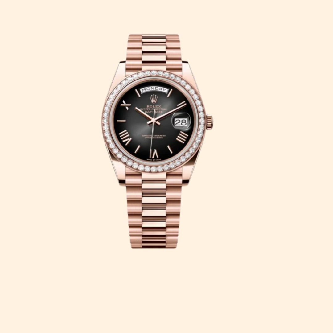 Rolex Day-Date Ref. 228345RBR 40 mm Everose Gold with Slate Ombré Dial and Diamond-Set Bezel