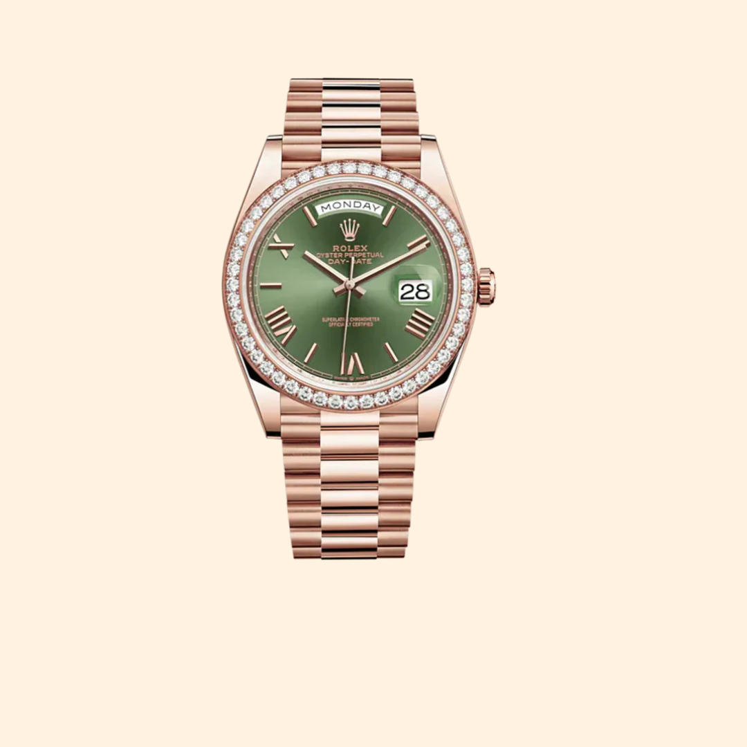 Rolex Day-Date Ref. 228345RBR 40 mm Everose Gold with Olive Green Dial and Diamond-Set Bezel