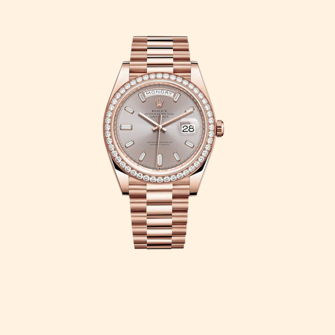 Rolex Day-Date 40 Ref. 228345RBR 18 kt Everose Gold with Sundust Diamond-Set Dial and Diamond-Set Bezel