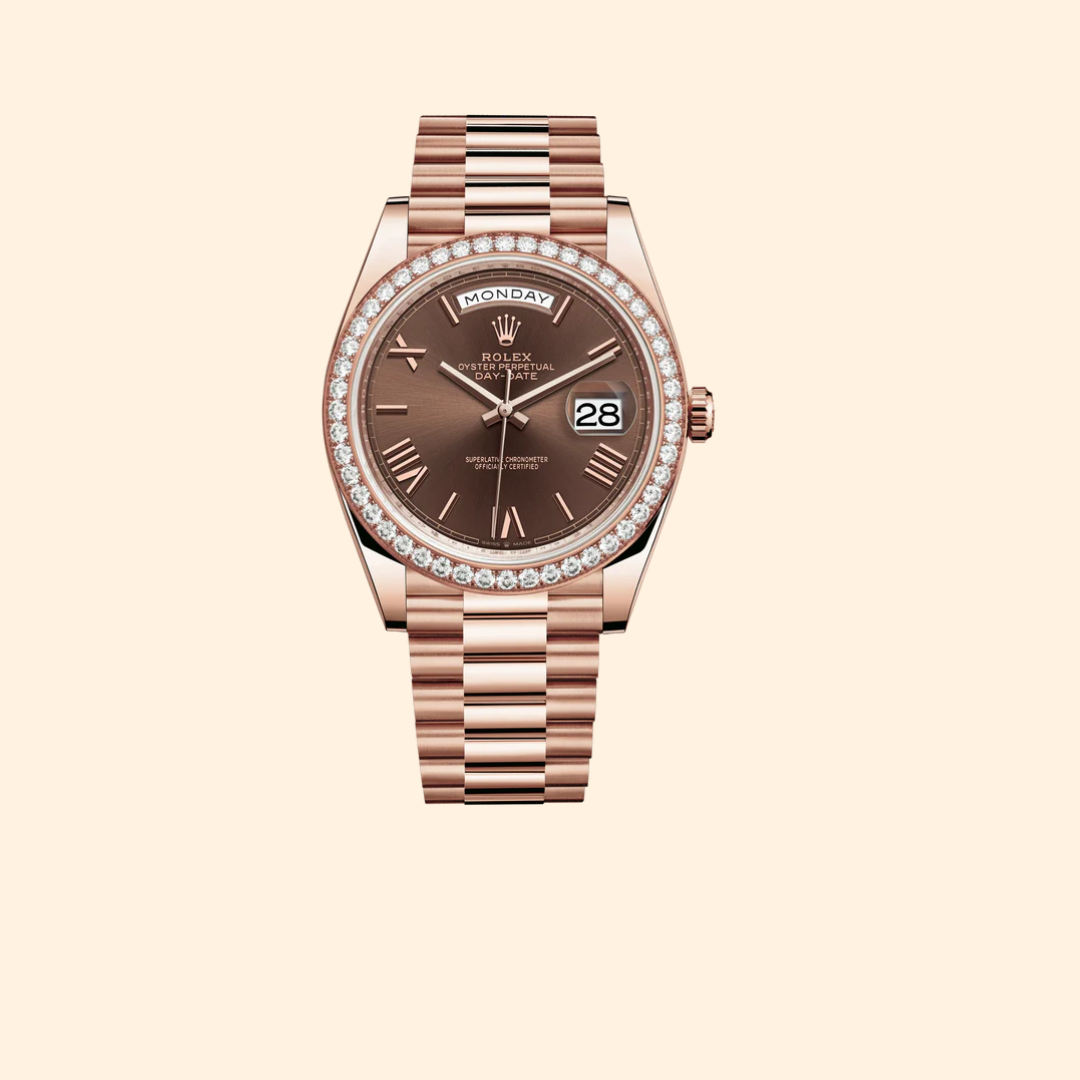 Rolex Day-Date 40 Ref. 228345RBR 18 kt Everose Gold with Chocolate Dial and Diamond-Set Bezel