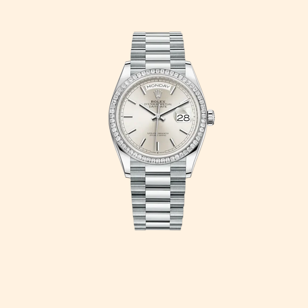 Rolex Day-Date Ref. 128396TBR 36 mm White Gold with Silver Dial and Diamond-Set Bezel