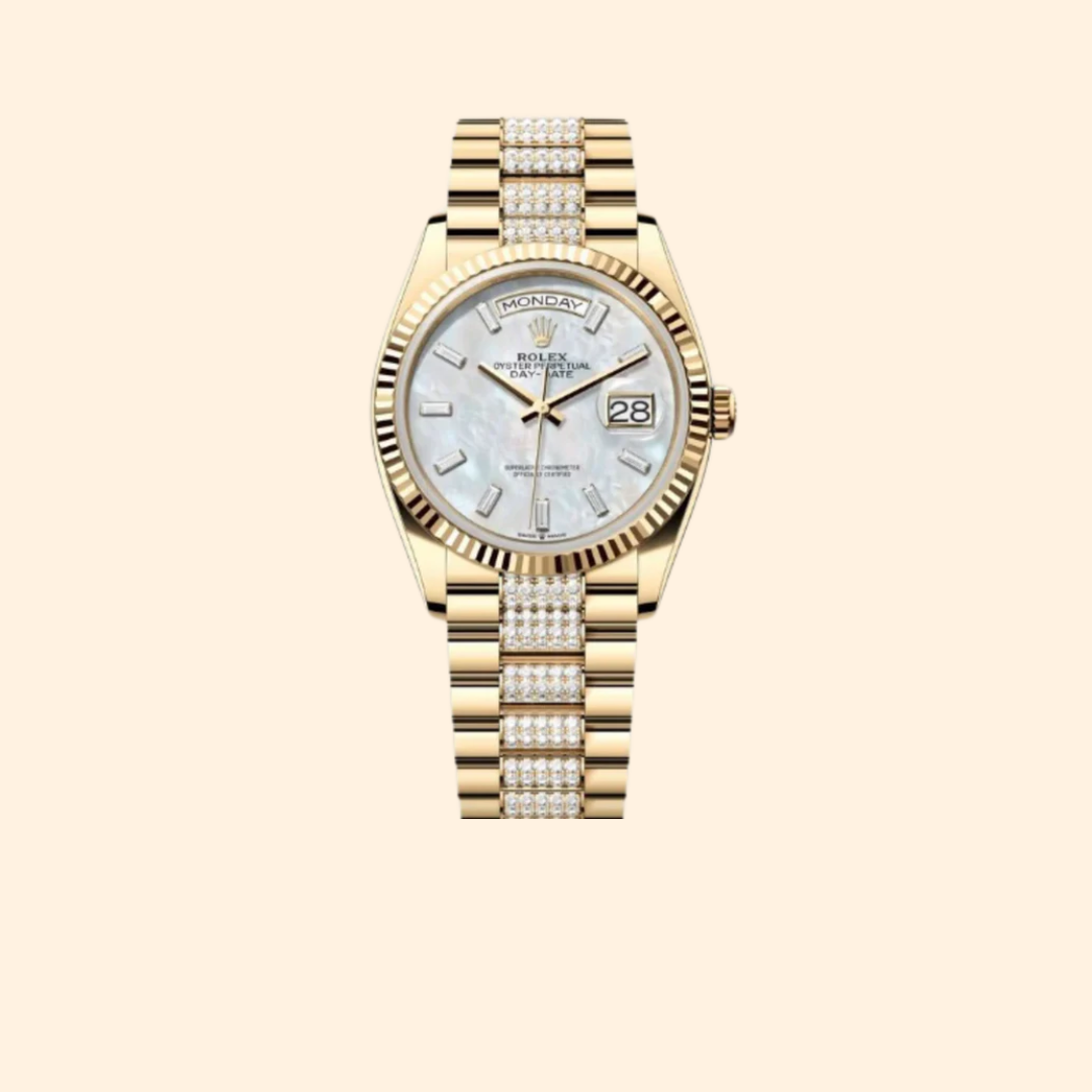 Rolex Day-Date 36 Ref. 128238 Yellow Gold with Mother of Pearl Dial & Baguette Diamond-Set Links