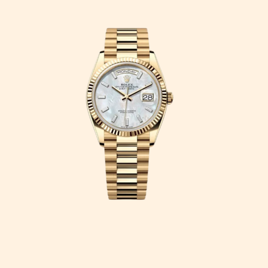 Rolex Day-Date 36 Ref. 128238 Yellow Gold with Mother of Pearl Dial & Baguette Diamonds