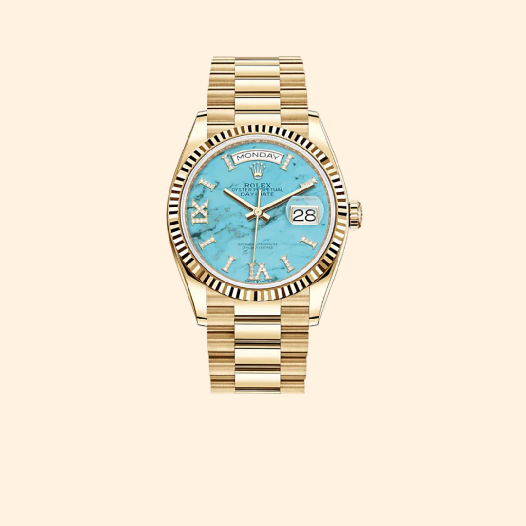 Rolex Day-Date 36 Ref. 128238 Yellow Gold with Turquoise Dial & Fluted Bezel