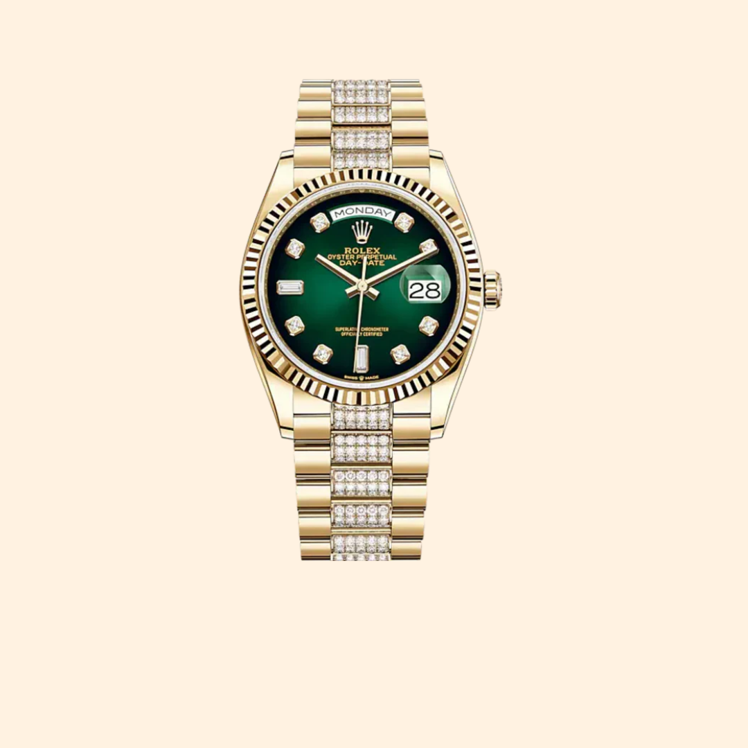 Rolex Day-Date 36 Ref. 128238 Yellow Gold with Green Ombré Diamond-Set Dial, Fluted Bezel & Diamond-Set President Bracelet