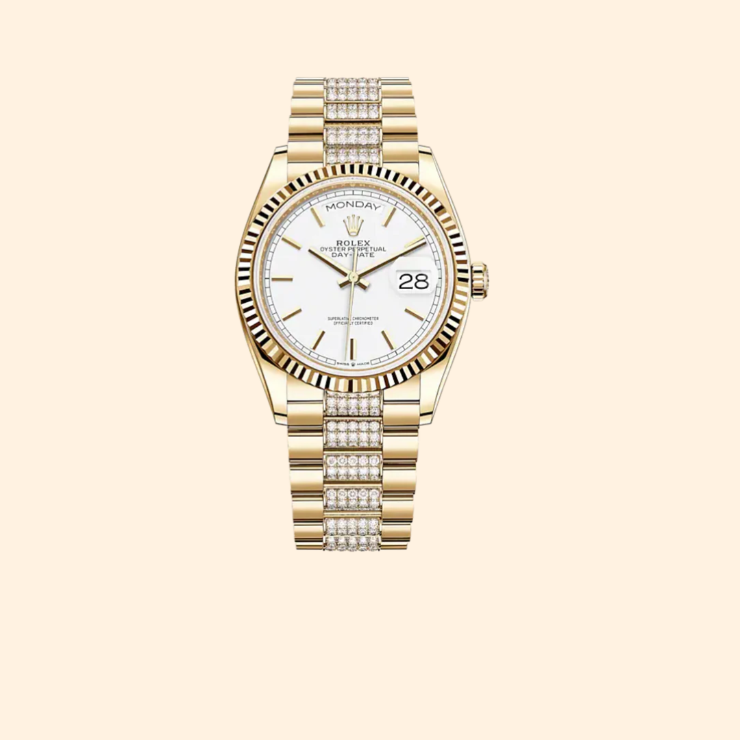 Rolex Day-Date 36 Ref. 128238 Yellow Gold with White Dial, Fluted Bezel & Diamond-Set President Bracelet
