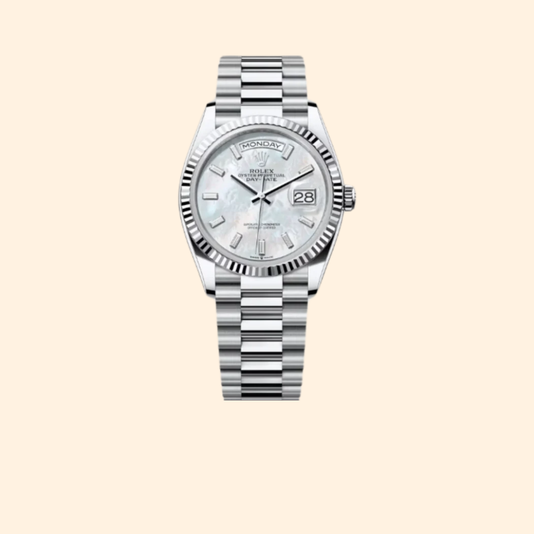 Rolex Day-Date 36 Ref. 128236 Platinum with Mother of Pearl Baguette Diamond Dial & Fluted Bezel