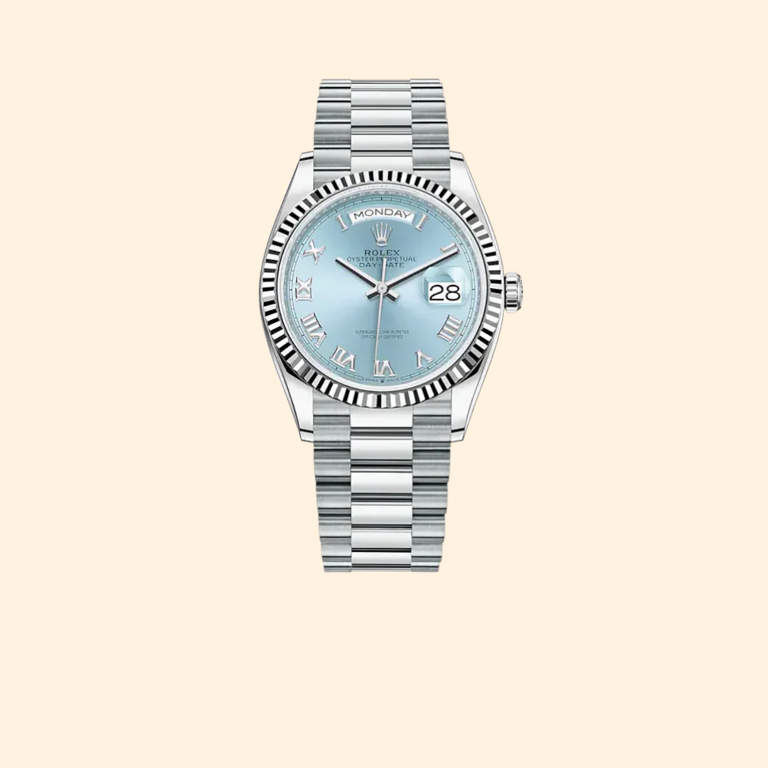 Rolex Day-Date 36 Ref. 128236 Platinum with Ice-Blue Dial & Fluted Bezel