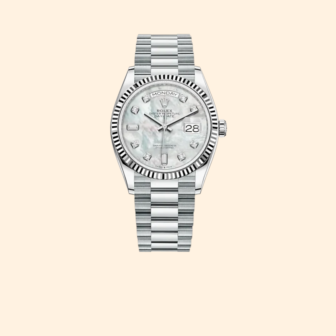 Rolex Day-Date 36 Ref. 128235 White Gold with White Mother-of-Pearl Diamond-Set Dial & Fluted Bezel