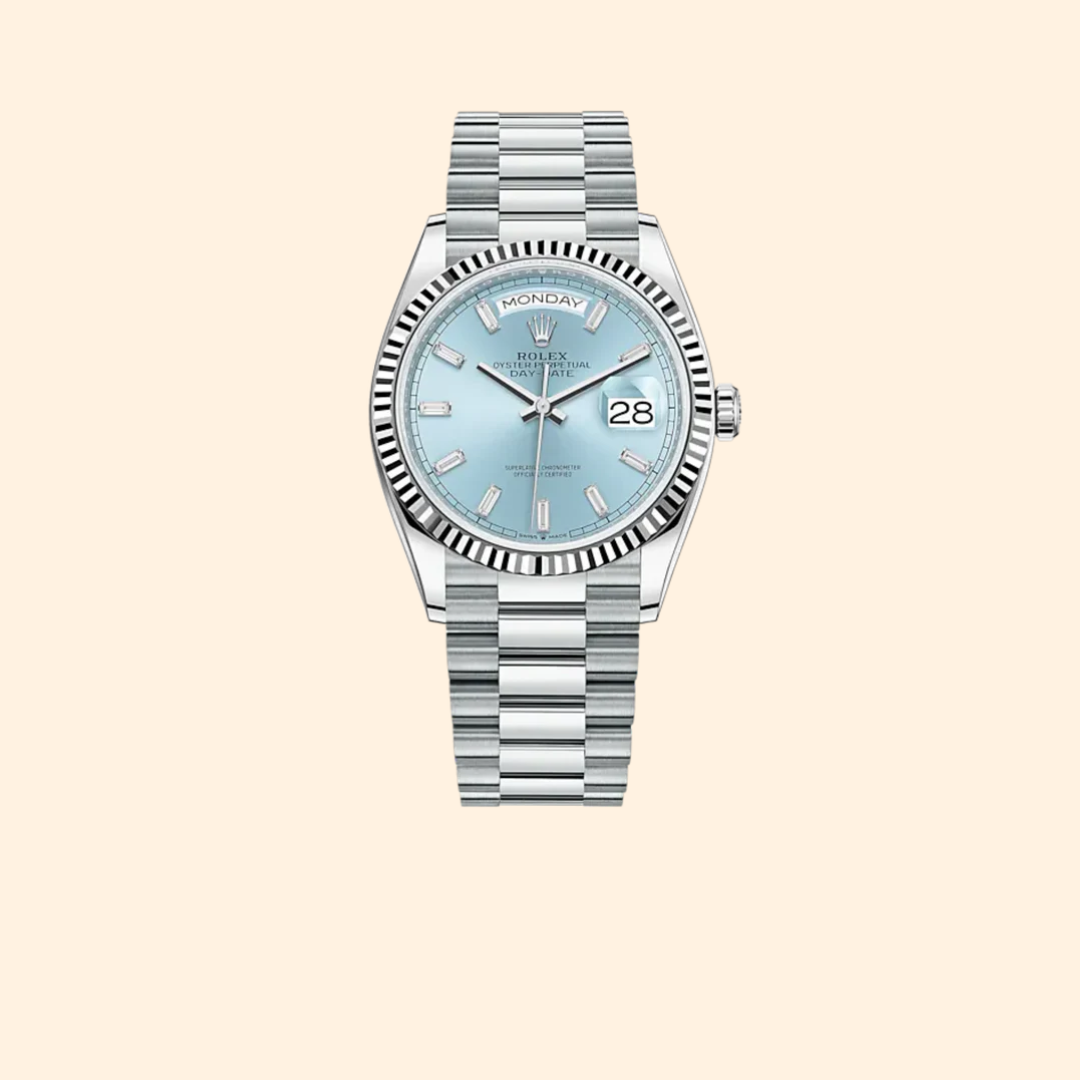 Rolex Day-Date 36 Ref. 128236 Platinum with Ice-Blue Diamond-Set Dial & Fluted Bezel