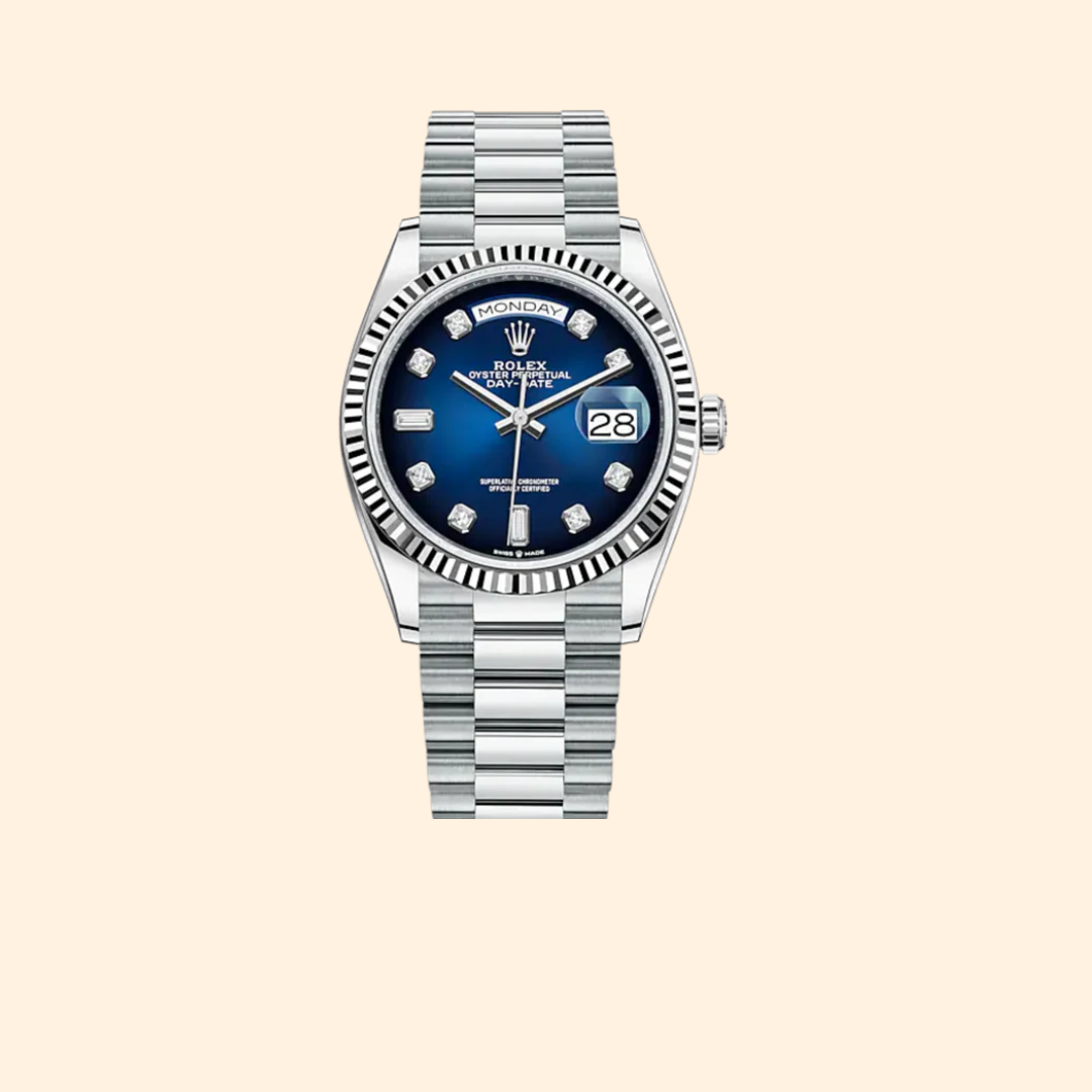 Rolex Day-Date 36 Ref. 128236 White Gold with Blue Ombré Diamond-Set Dial & Fluted Bezel
