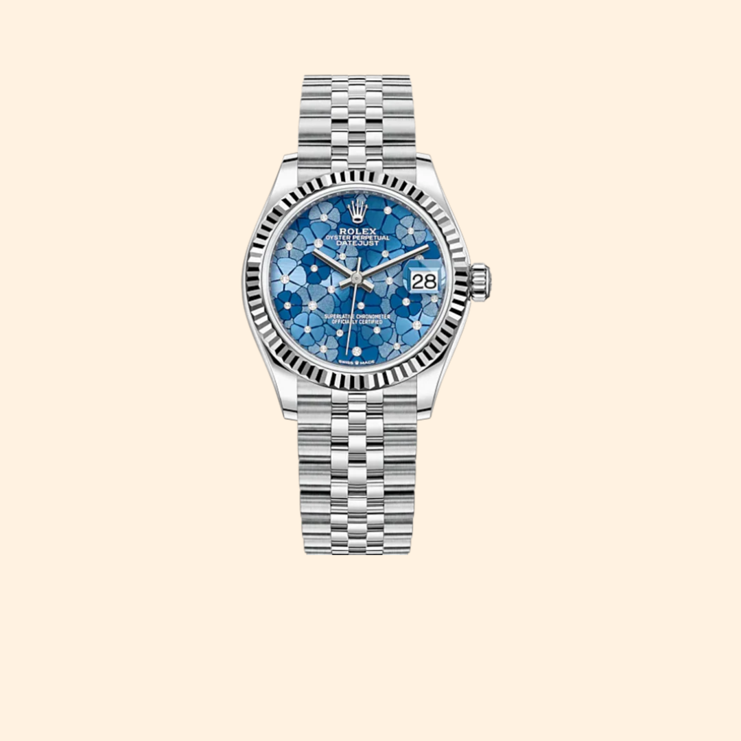 Rolex Datejust 31 Ref. 278274 31 mm Oystersteel and White Gold with Azzurro-Blue Floral-Motif Diamond-Set Dial