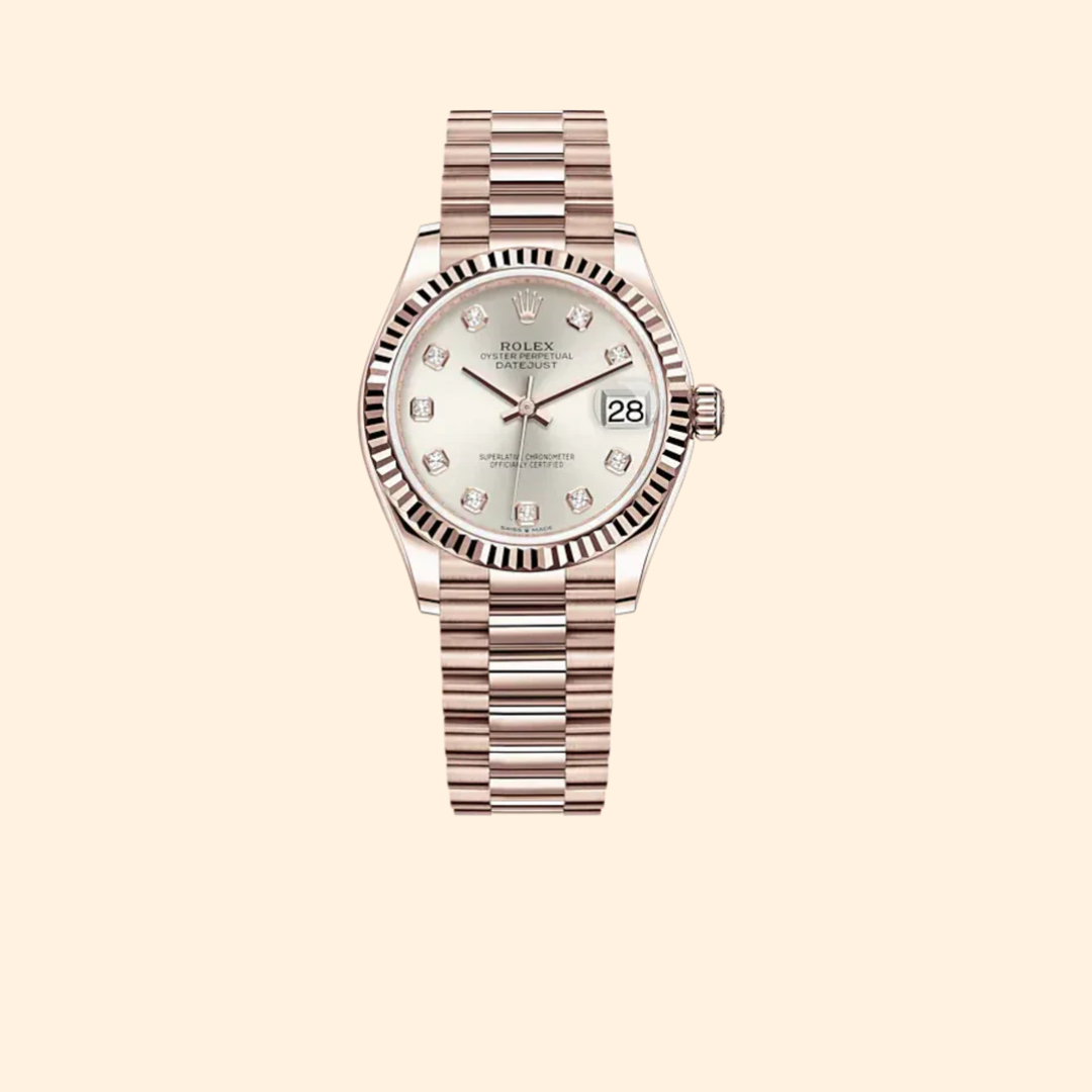 Rolex Datejust 31 Ref. 278275 31 mm 18k Everose Gold with Silver Diamond-Set Dial and Fluted Bezel