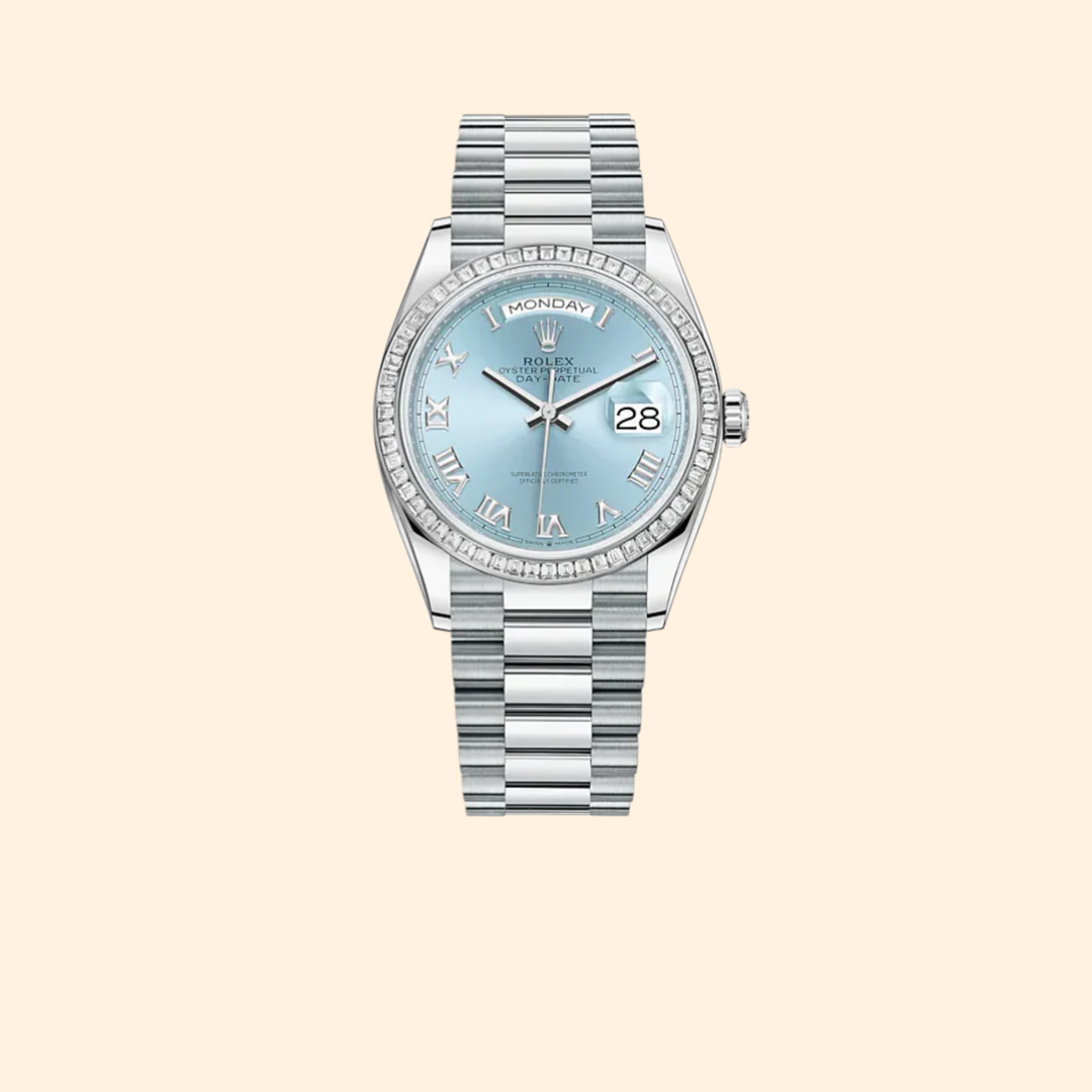Rolex Day-Date Ref. 128396TBR 36 mm Platinum with Ice-Blue Roman Dial and Diamond-Set Bezel
