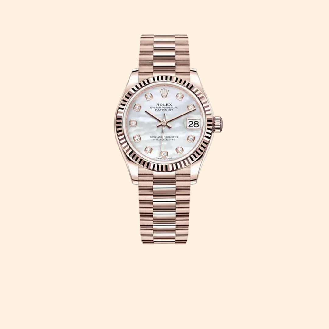 Rolex Datejust 31 Ref. 278275 31 mm 18k Everose Gold with White Mother-of-Pearl Diamond-Set Dial and Fluted Bezel