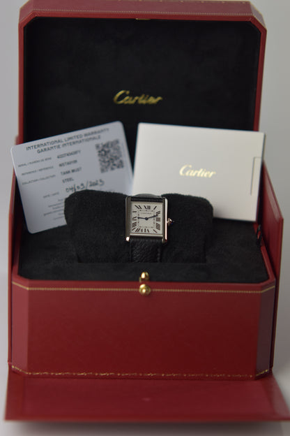 Cartier Tank Must WSTA0136 Stainless Steel Silver Dial Black Leather Strap