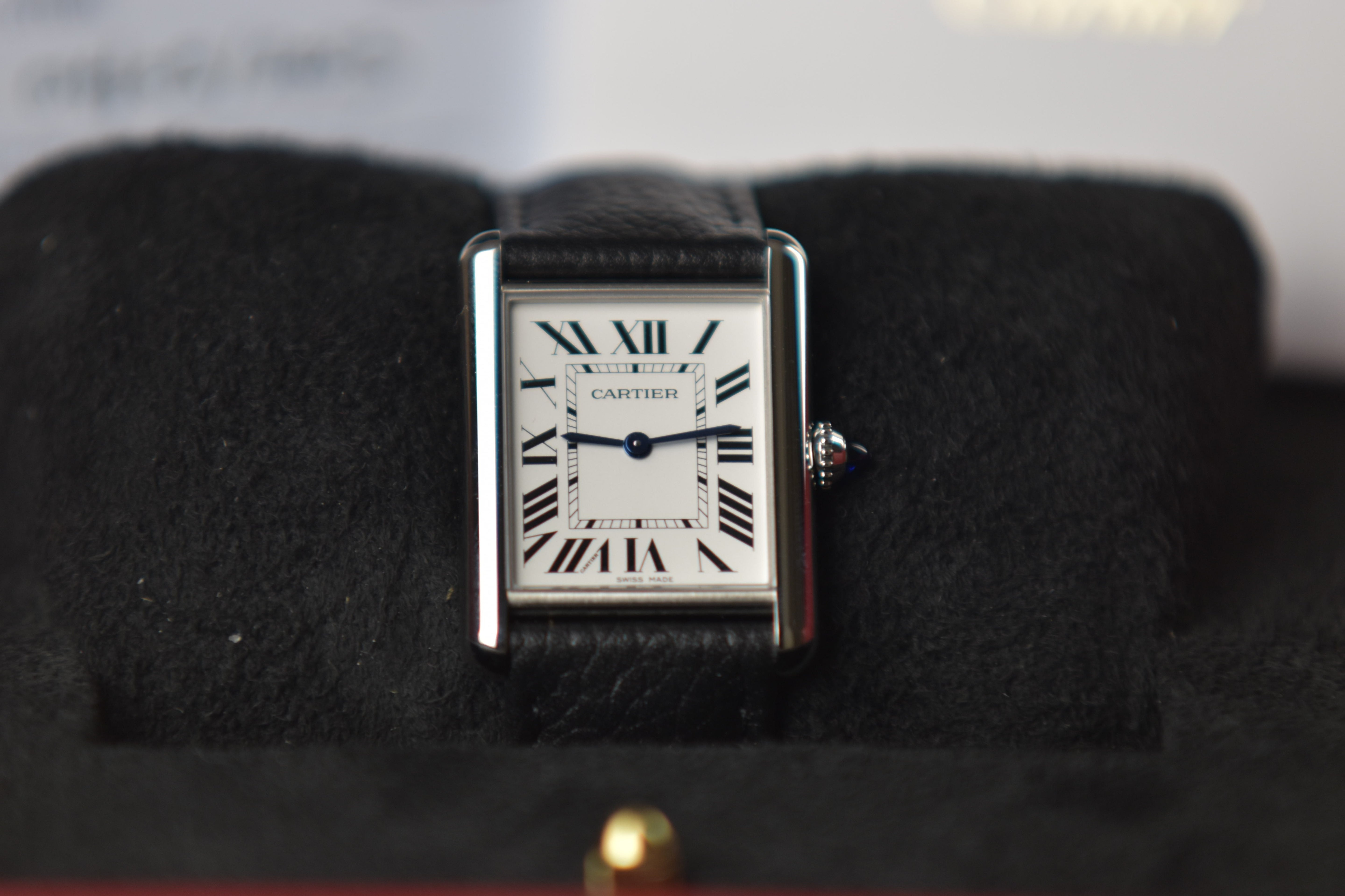 Cartier Tank Must WSTA0136 Stainless Steel Silver Dial Black Leather Strap