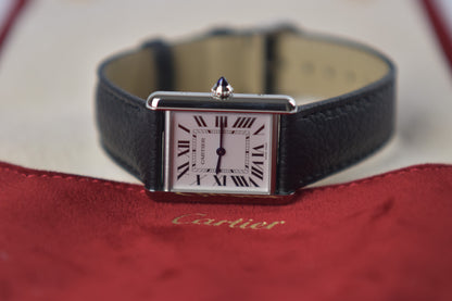 Cartier Tank Must WSTA0136 Stainless Steel Silver Dial Black Leather Strap