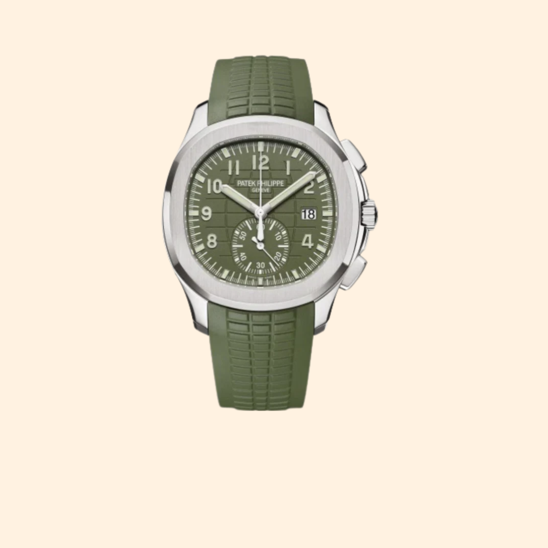 Patek Philippe Aquanaut Ref. 5968G-010 – 42.2mm White Gold with Khaki Green Embossed Dial and Tropical Strap