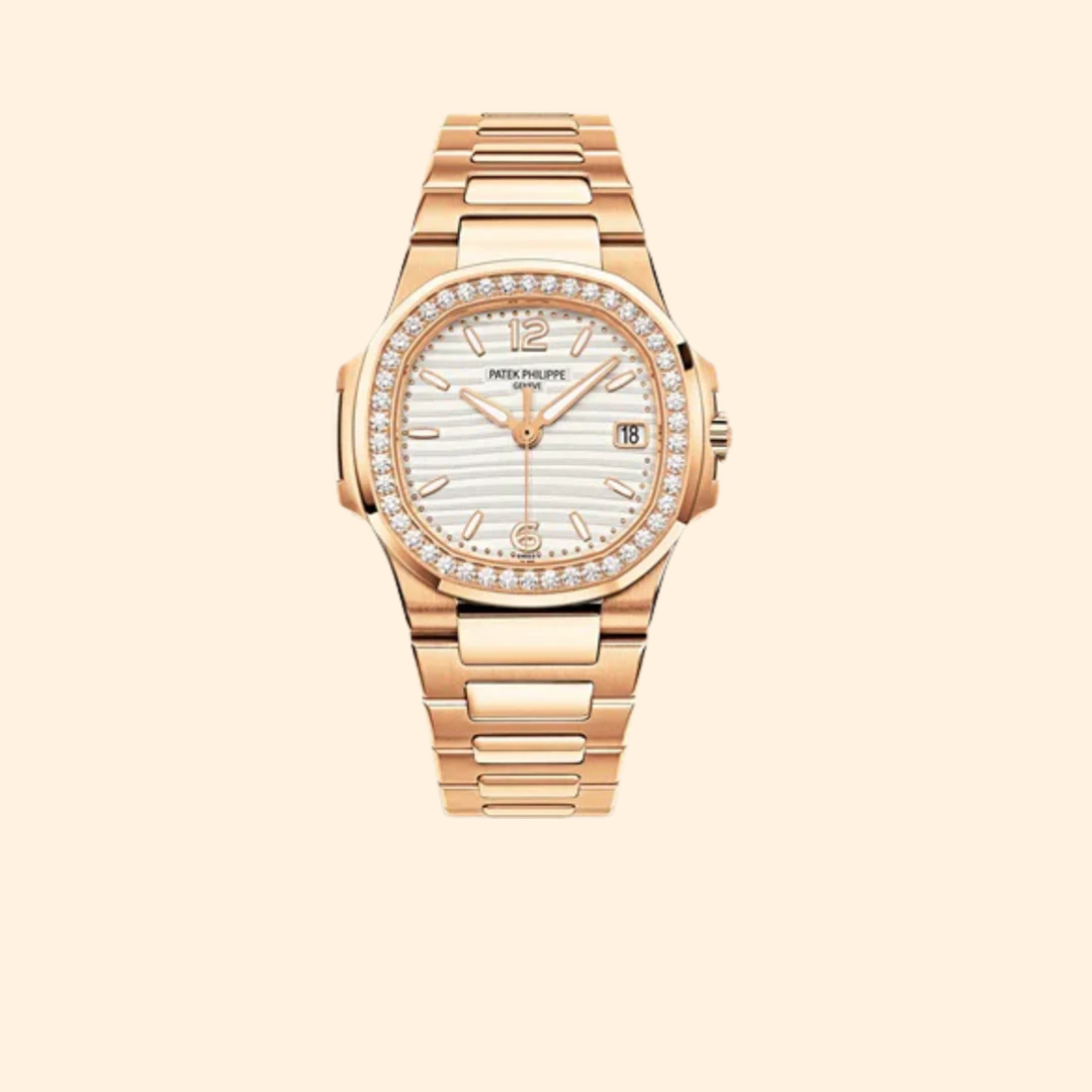 Patek Philippe Nautilus Ref. 7010/1R Rose Gold Silvery Opaline Embossed Dial Diamond Bezel