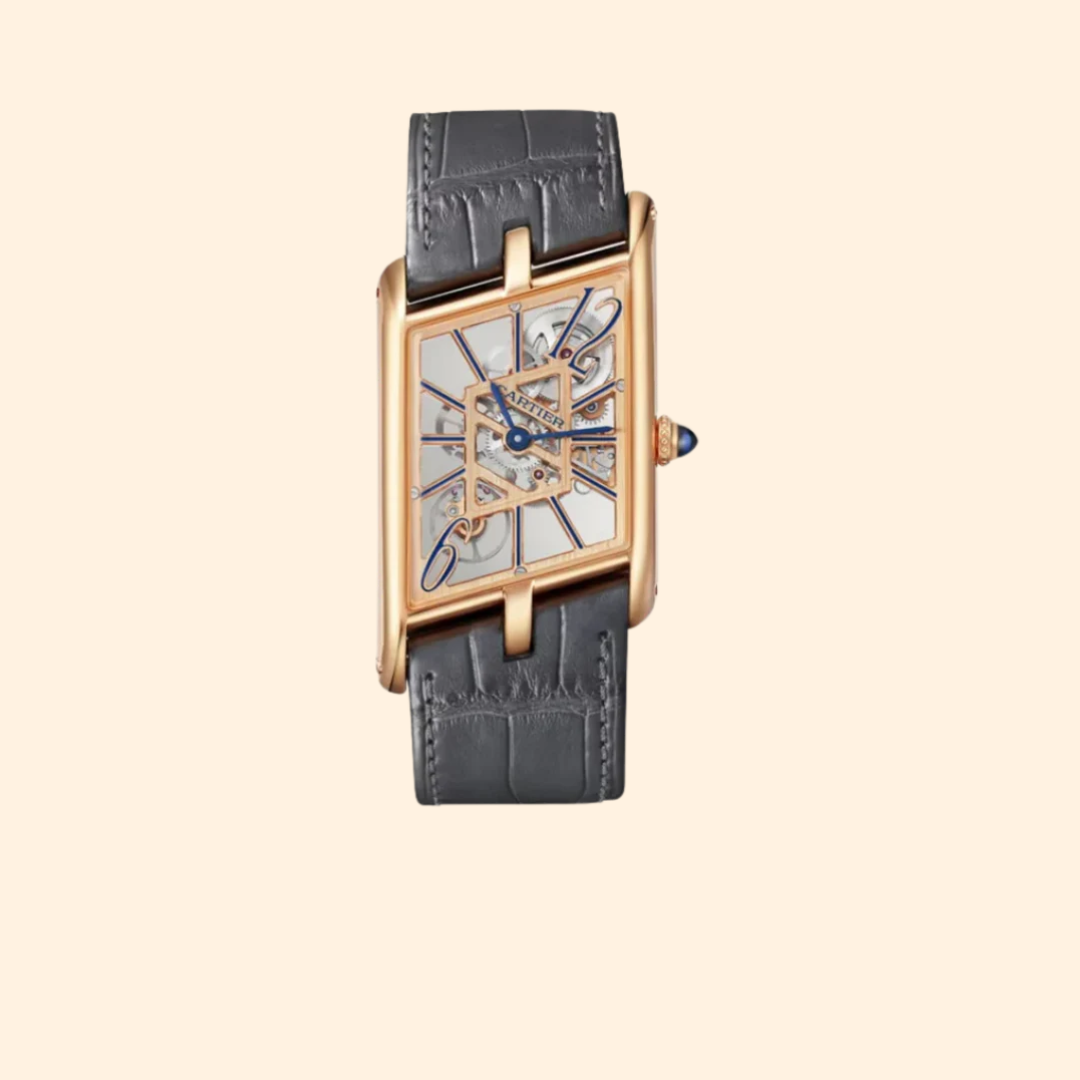 Cartier Tank Asymétrique 48mm Rose Gold Skeleton Dial Leather Strap