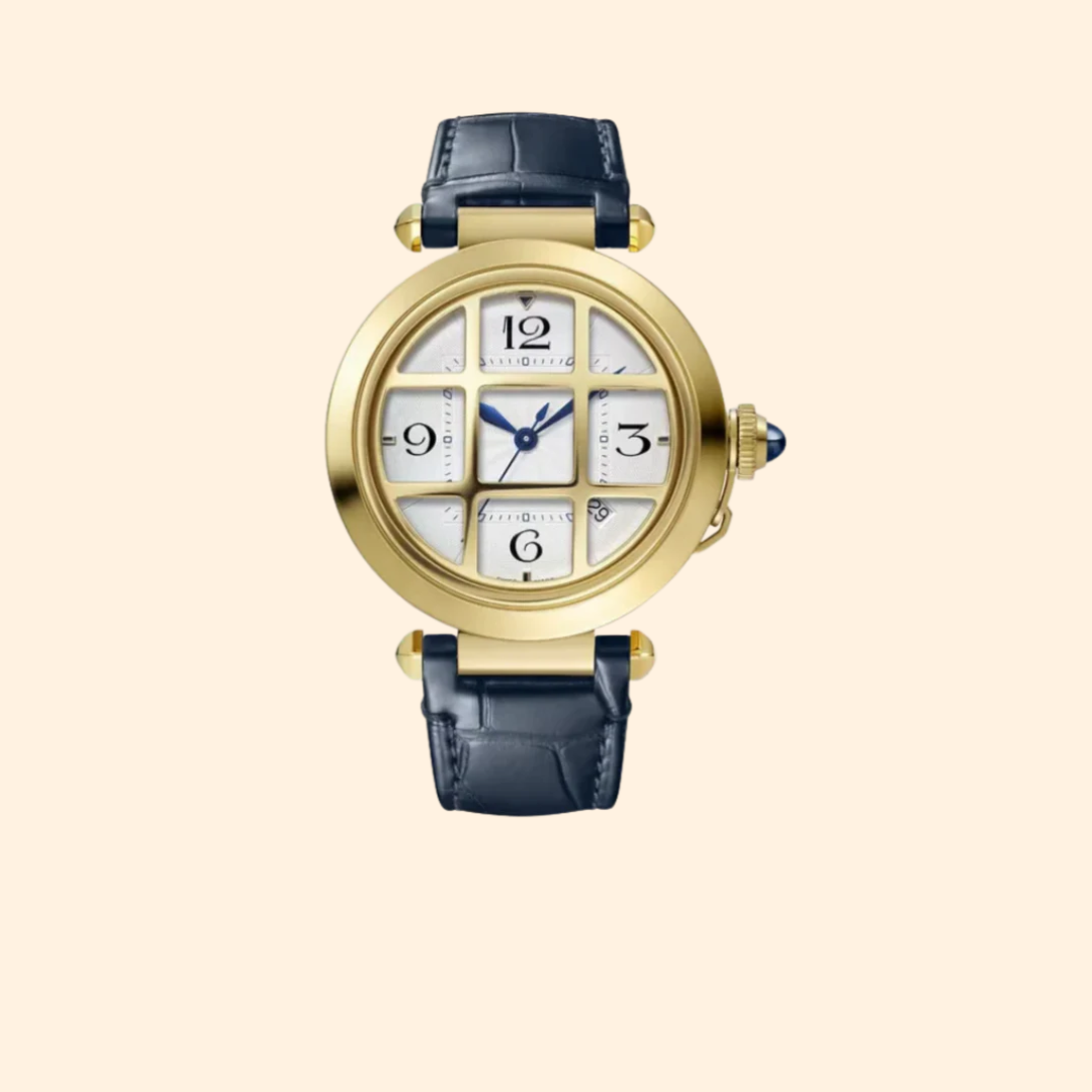 Pasha de Cartier 41 mm Yellow Gold Removable Grid Silver Flinqué Dial