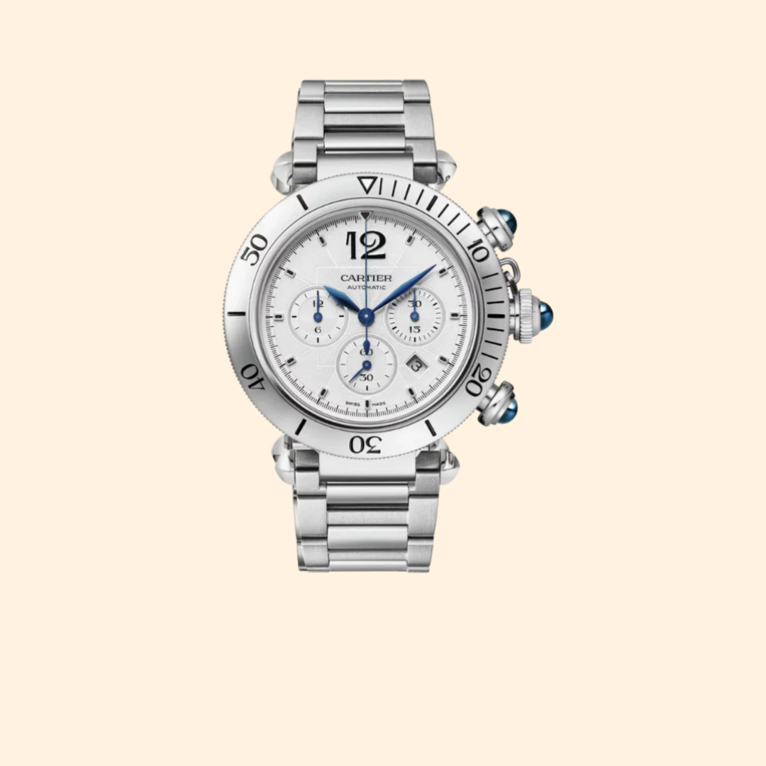 Pasha de Cartier 41 mm Chronograph Stainless Steel Silver Flinqué Dial