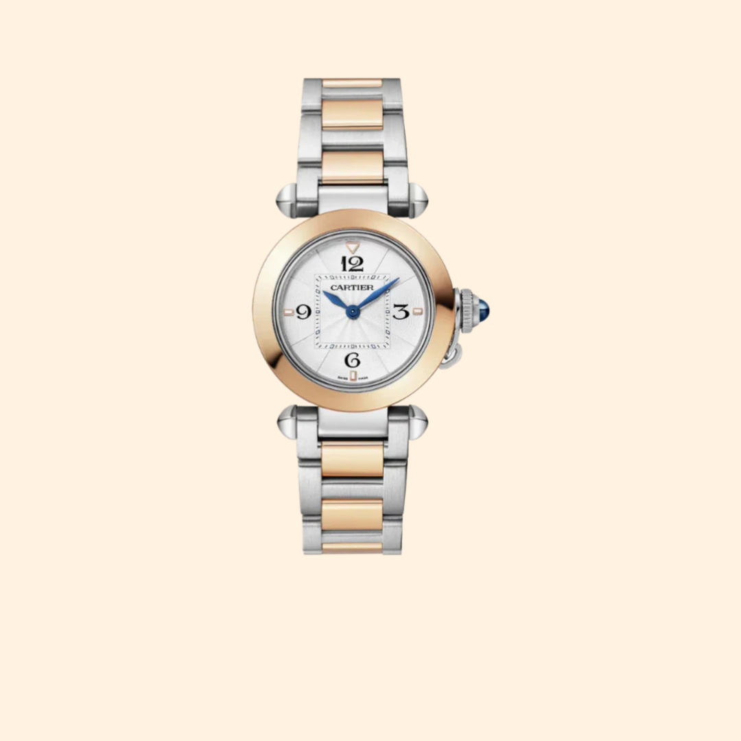 Pasha de Cartier 30 mm Stainless Steel with 18K Rose Gold Bezel & Opaline Flinqué Dial