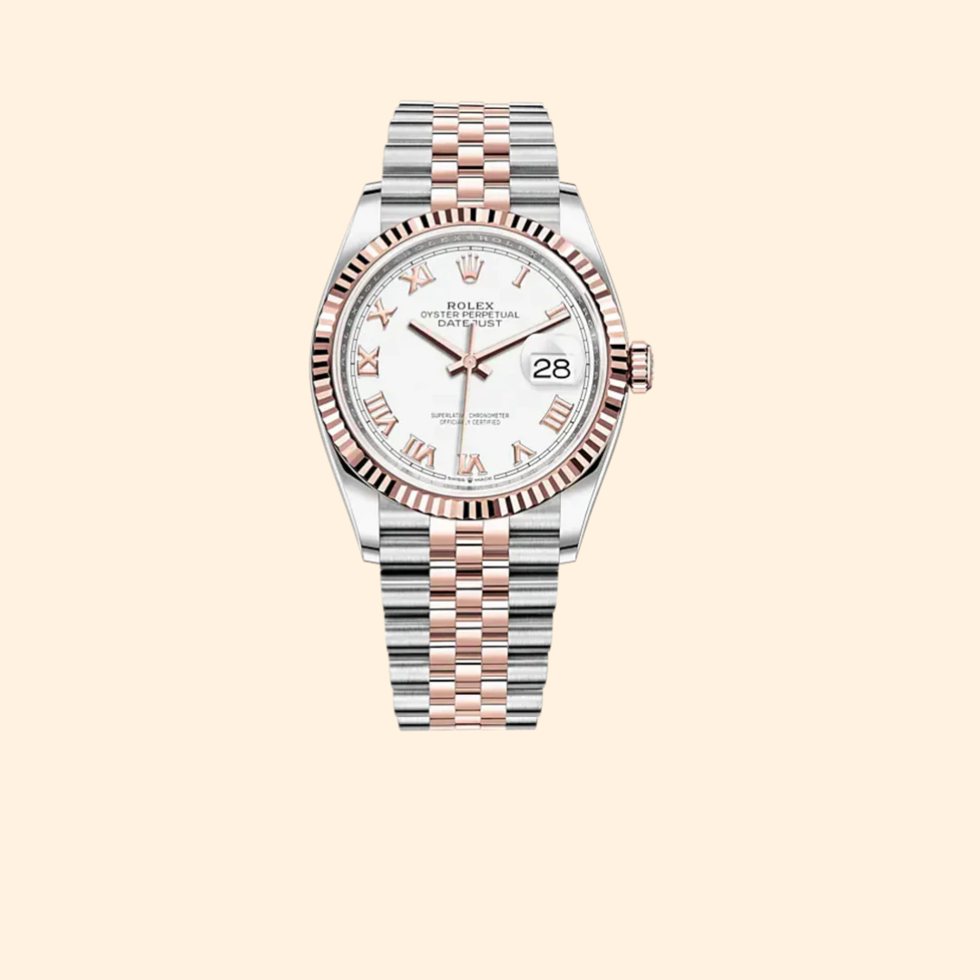 Rolex Datejust 36 Ref. 126231 – Two Tone Oystersteel & Rose Gold White Roman Dial Fluted Bezel on Jubilee