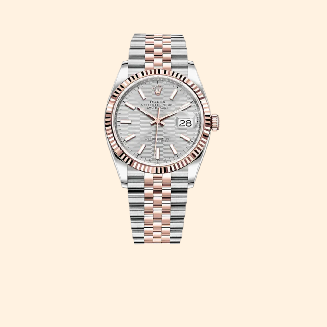 Rolex Datejust 36 Ref. 126231 – Two Tone Oystersteel & Everose Gold Silver Palm-Motif Dial Fluted Bezel on Jubilee