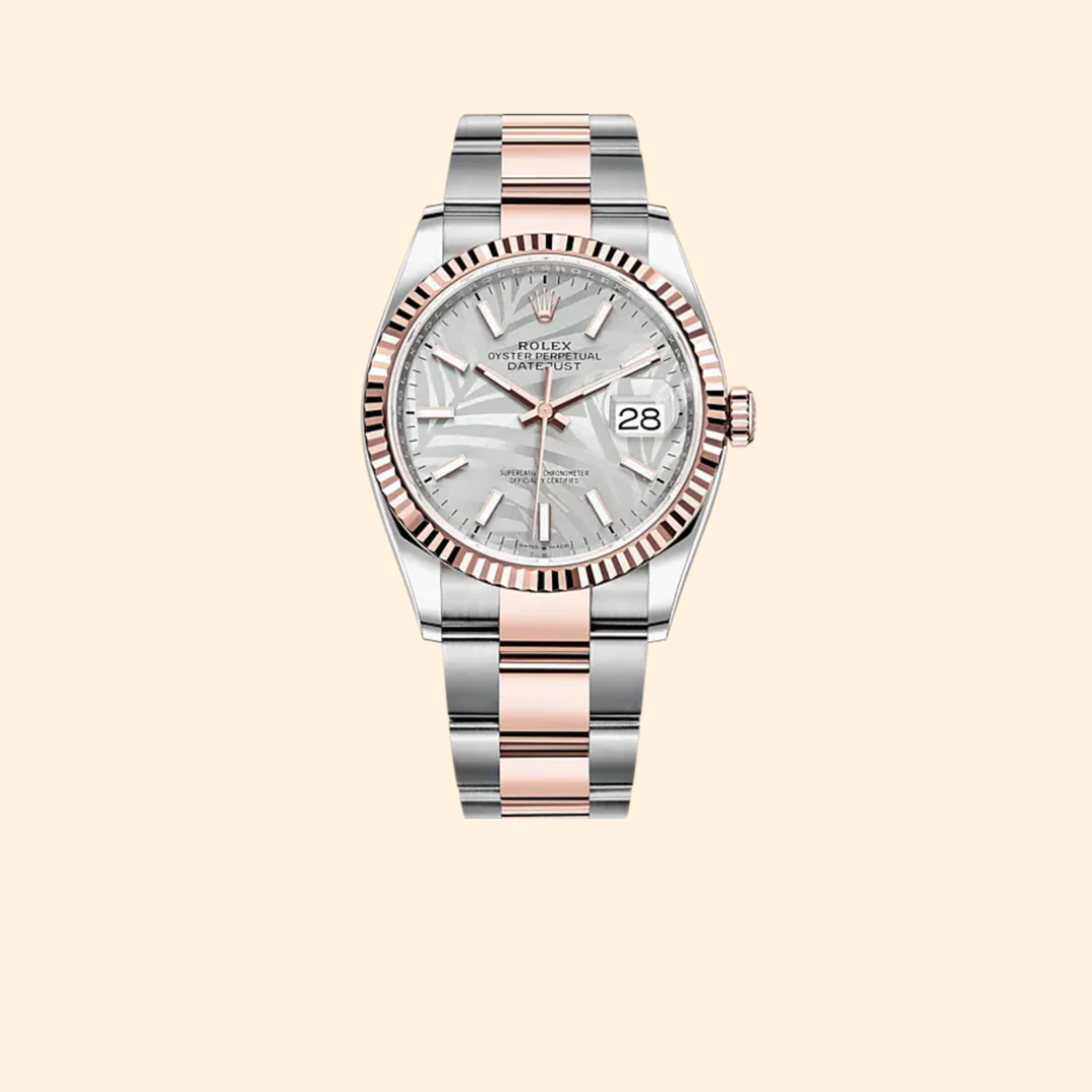 Rolex Datejust 36 Ref. 126231 – Two Tone Oystersteel & Everose Gold Silver Palm-Motif Dial Fluted Bezel on Oyster