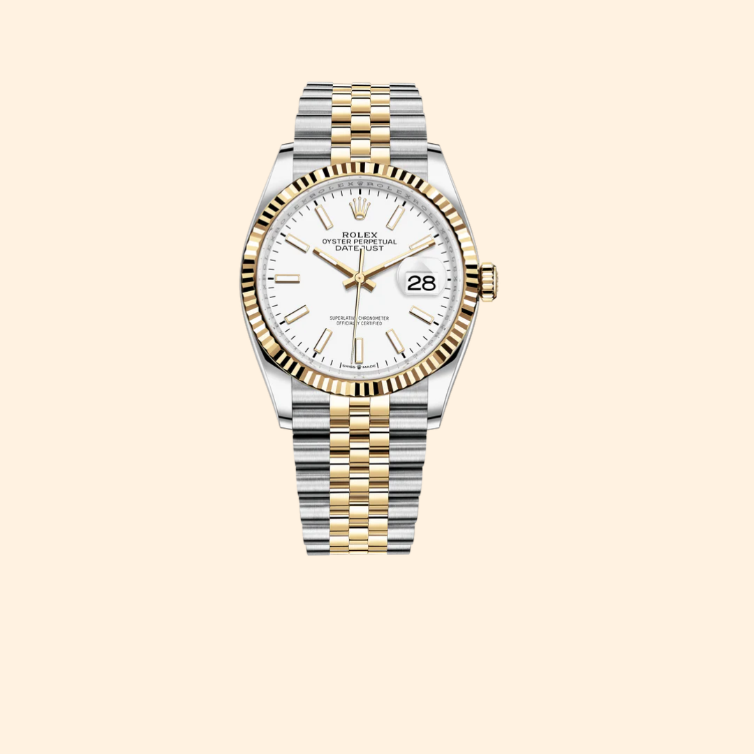Rolex Datejust 36 Ref. 126233 – Two Tone Oystersteel & Yellow Gold White Stick Dial Fluted Bezel on Jubilee