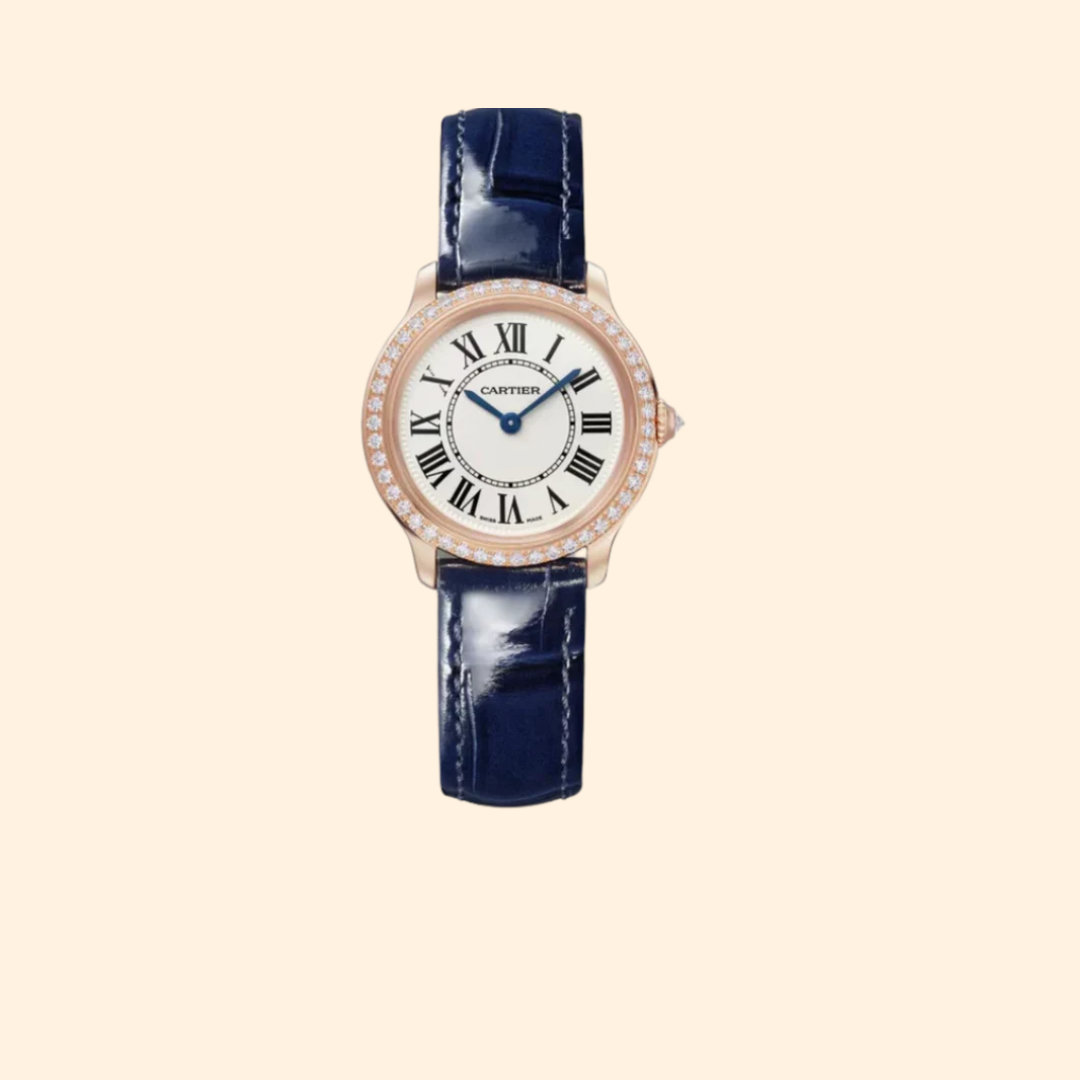 Cartier Ronde Louis de Cartier Ref. WRRNR0003 – 29mm 18K Rose Gold with Sandblasted Beige Dial and Diamond Bezel on Blue Alligator Strap