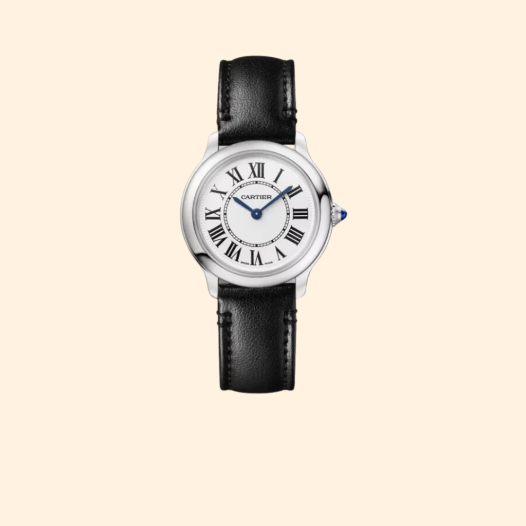 Cartier Ronde Must de Cartier Ref. WSRN0033 – 29mm Stainless Steel with Sandblasted Silver Dial on Black Leather Strap