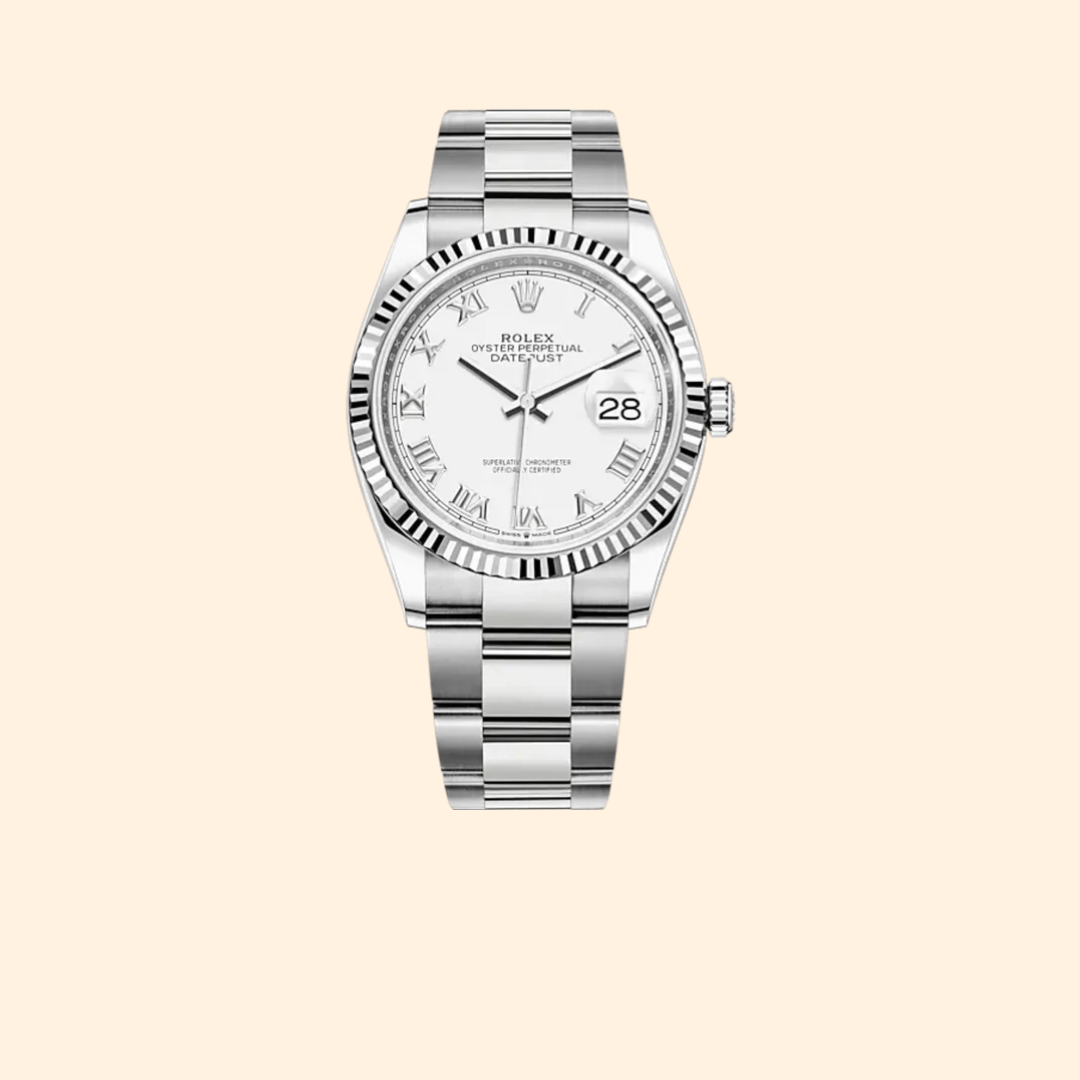 Rolex Datejust 36 Ref. 126234 – Oystersteel & White Gold White Roman Dial Fluted Bezel on Oyster