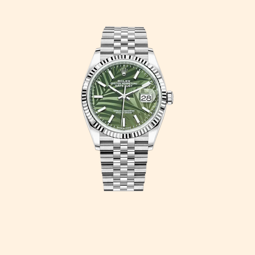 Rolex Datejust 36 Ref. 126234 – Oystersteel & White Gold Olive-Green Palm-Motif Dial Fluted Bezel on Jubilee