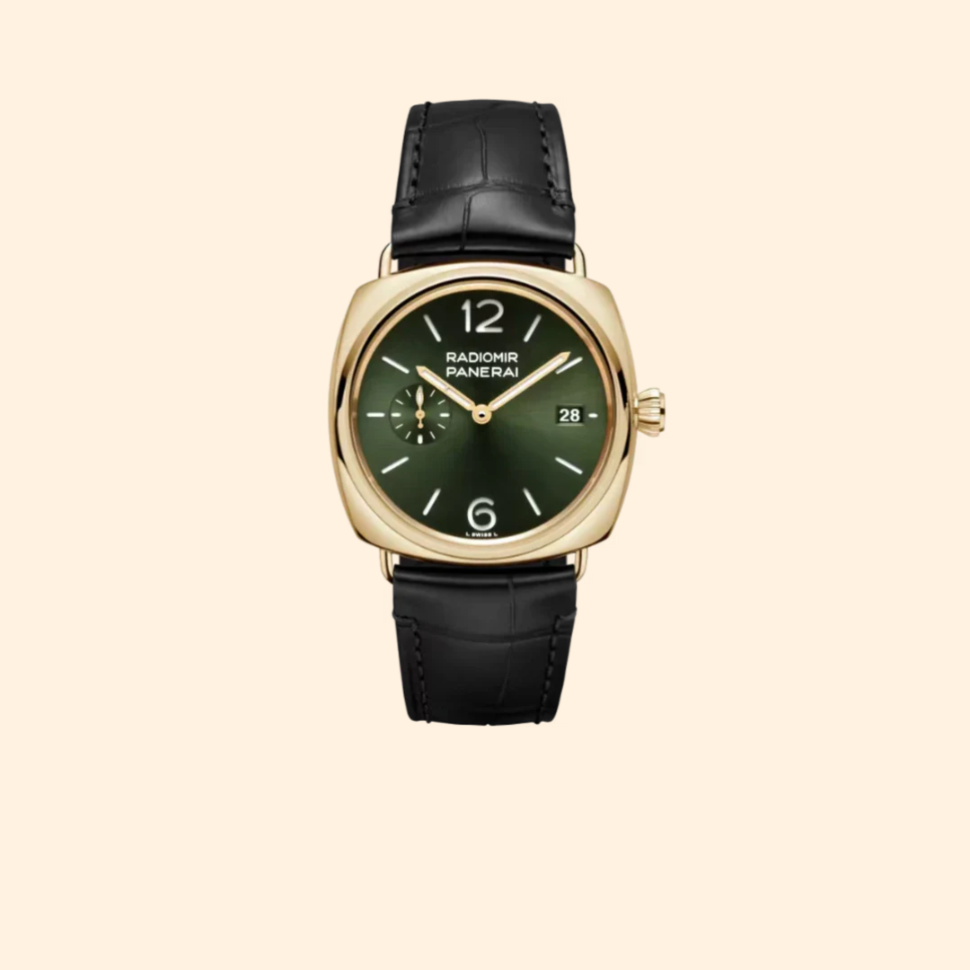 Panerai Radiomir Quaranta PAM01437 – 40mm Yellow Gold with Green Dial on Black Alligator Strap