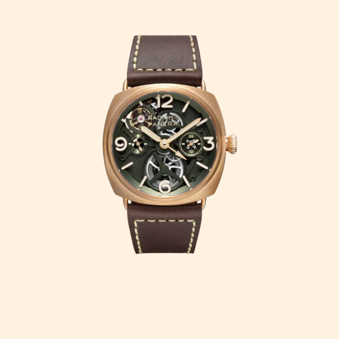 Panerai Radiomir Tourbillon GMT Bronzo PAM01284 – 45mm Bronze with Green Dial on Brown Leather Strap