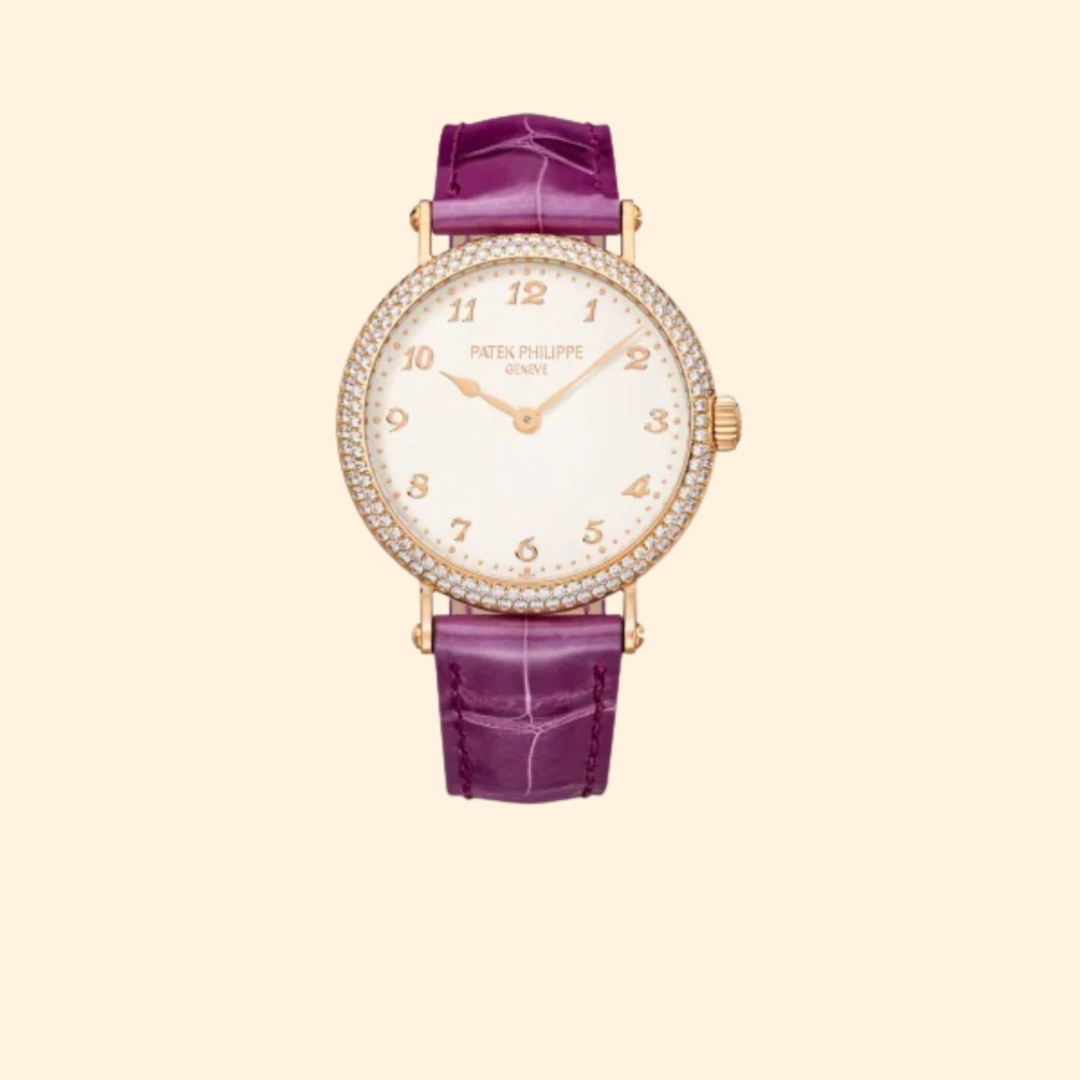 Patek Philippe Calatrava Ref. 7200/200R – 34.6mm Rose Gold Diamond Case-Set with Silvery-Grained Dial on Shiny Royal Purple Alligator Strap