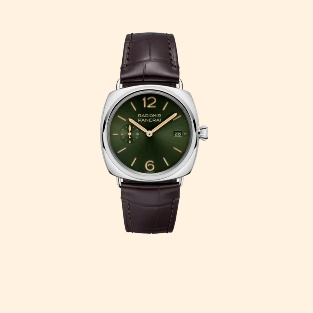 Panerai Radiomir Quaranta PAM01386 – 40mm Stainless Steel with Green Dial on Brown Alligator Strap