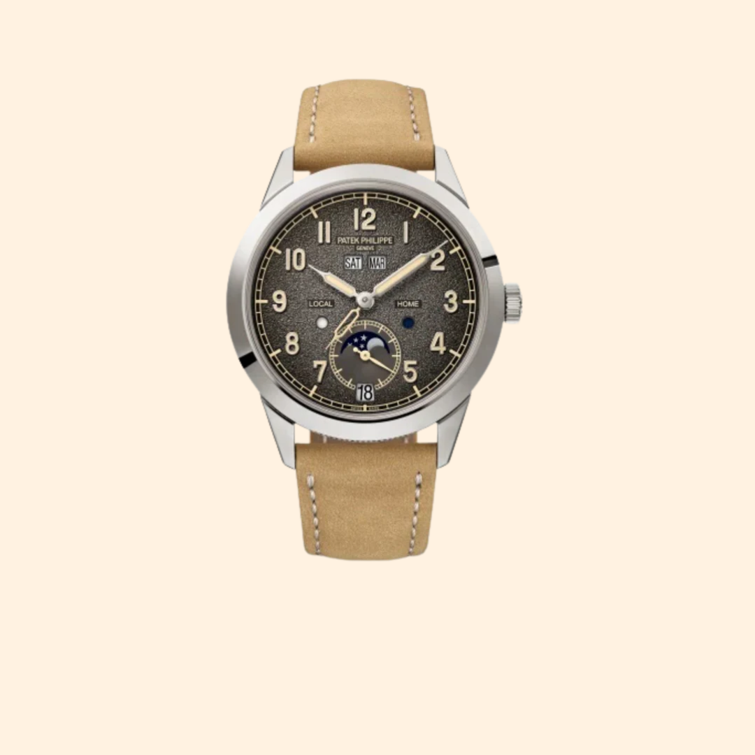 Patek Philippe Complications Ref. 5326G – 41mm White Gold Textured Charcoal Gray Gradient Black-Rim Dial on Nubuck Beige & Embossed Black Calfskin Straps