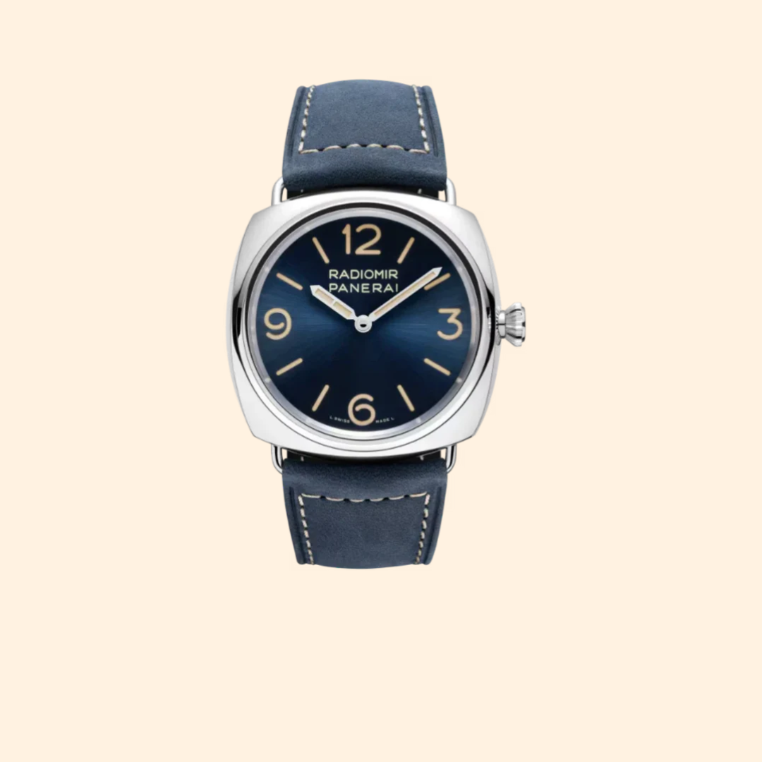 Panerai Radiomir Officine PAM01383 – 45mm Stainless Steel with Blue Dial on Blue Suede Strap