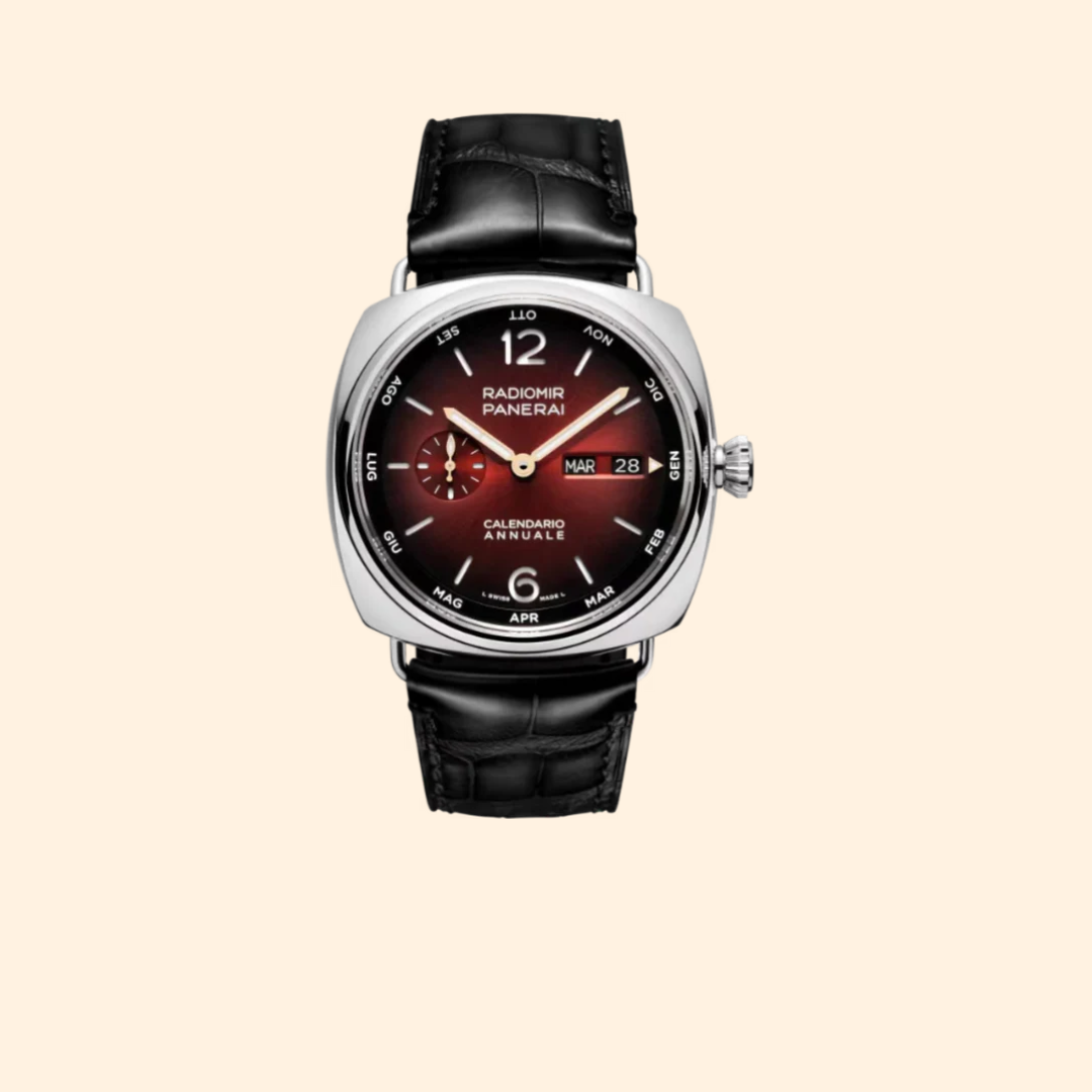 Panerai Radiomir Annual Calendar Experience PAM01432 – 45mm Platinumtech™ with Brushed Red Dial on Black Alligator Strap