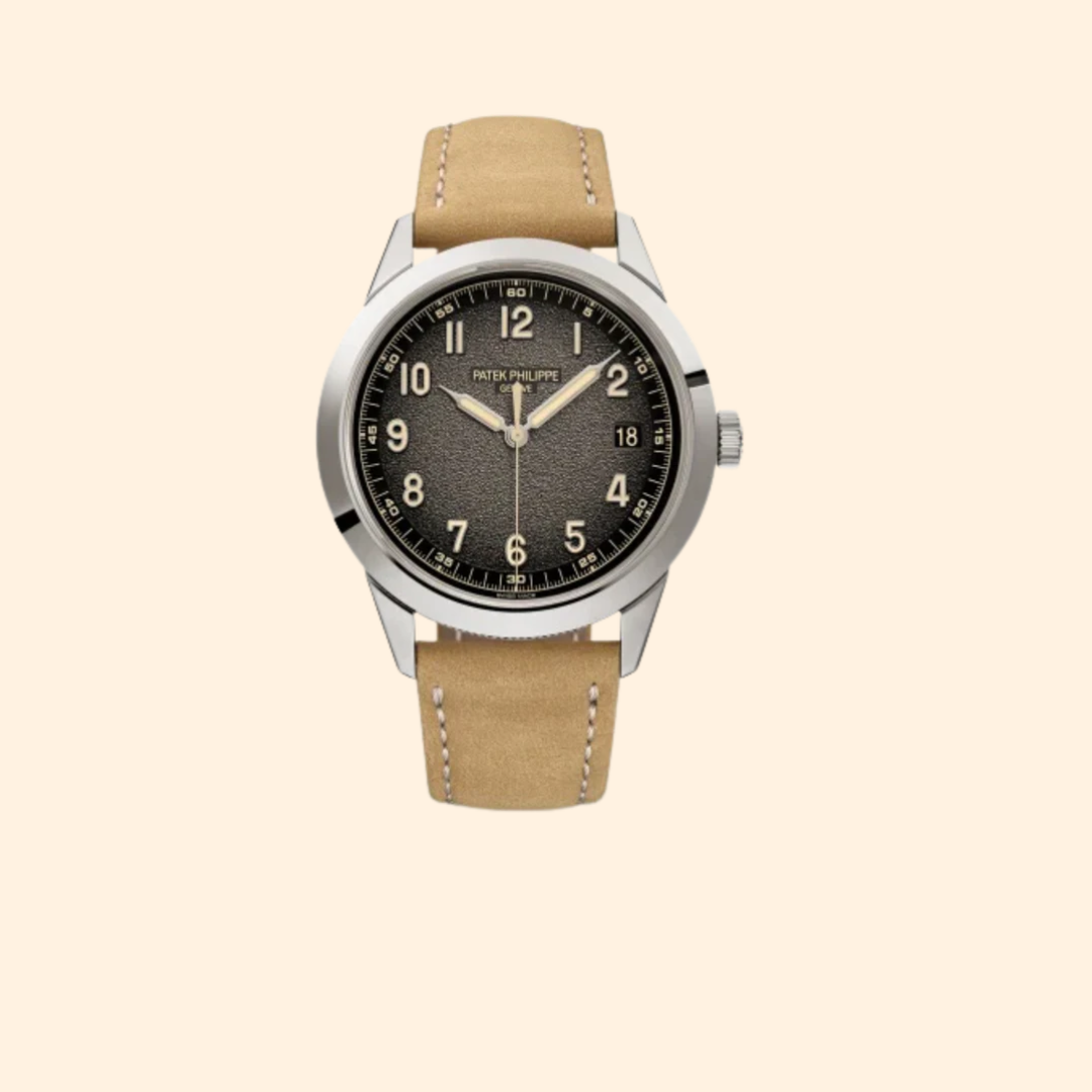 Patek Philippe Calatrava Ref. 5226G – 40mm White Gold Textured Charcoal Gray Gradient Black-Rim Dial on Nubuck Beige & Embossed Black Calfskin Straps