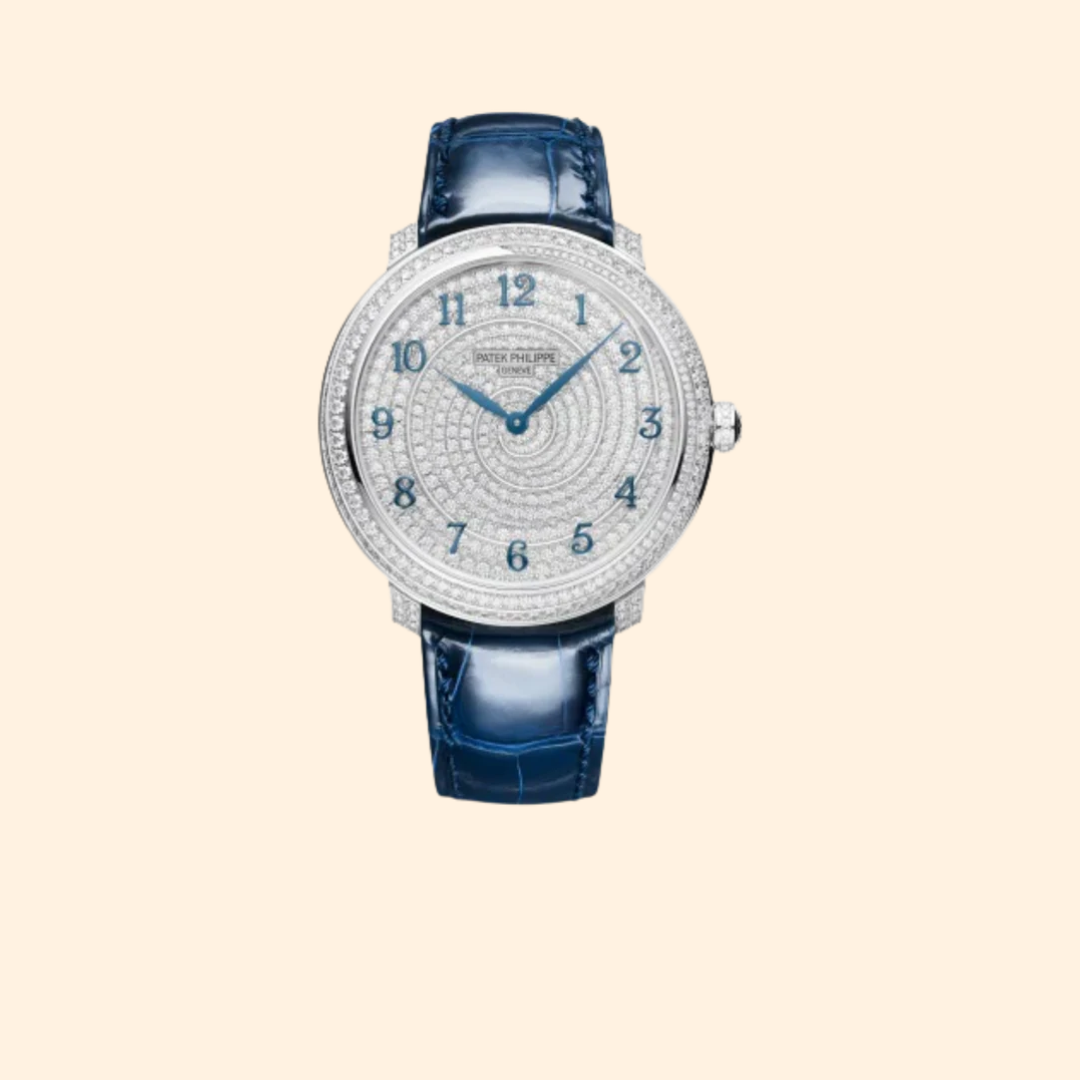 Patek Philippe Calatrava Ref. 4978/400G – 36.5mm White Gold with Full Diamond-Set Dial on Shiny Dusk Blue Alligator Strap